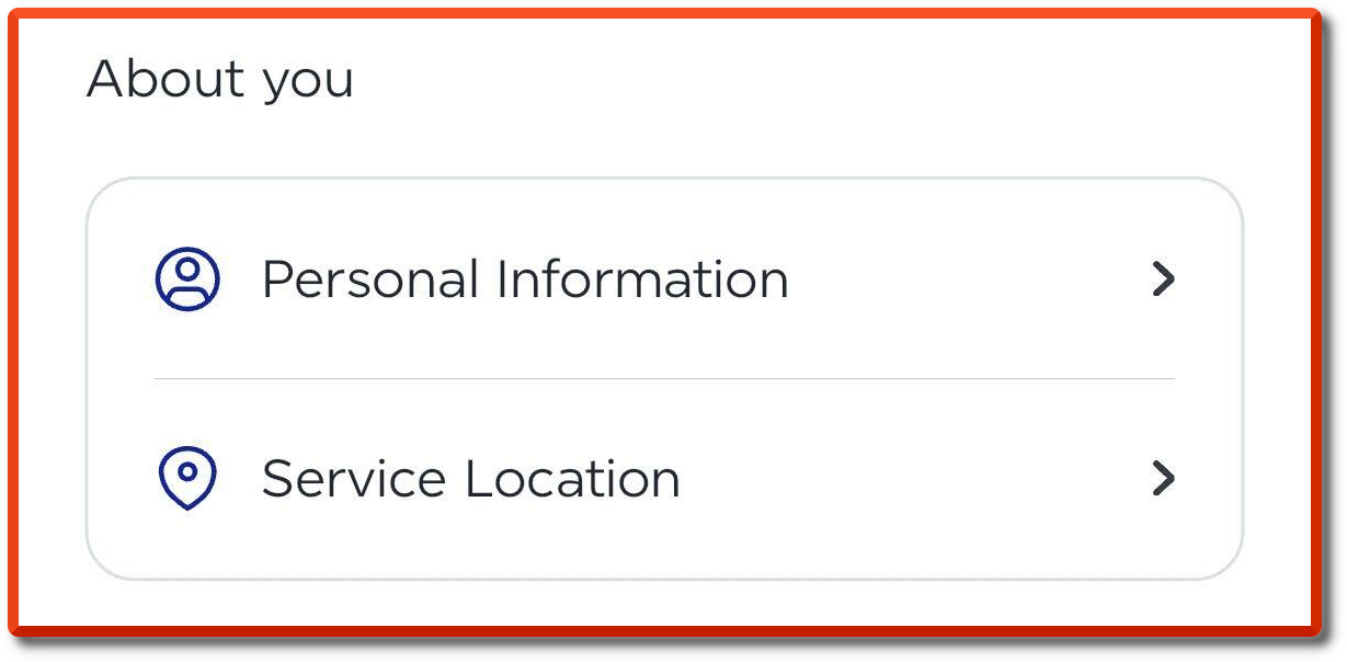 About You submenu on Account screen in Tide Cleaners Delivery app