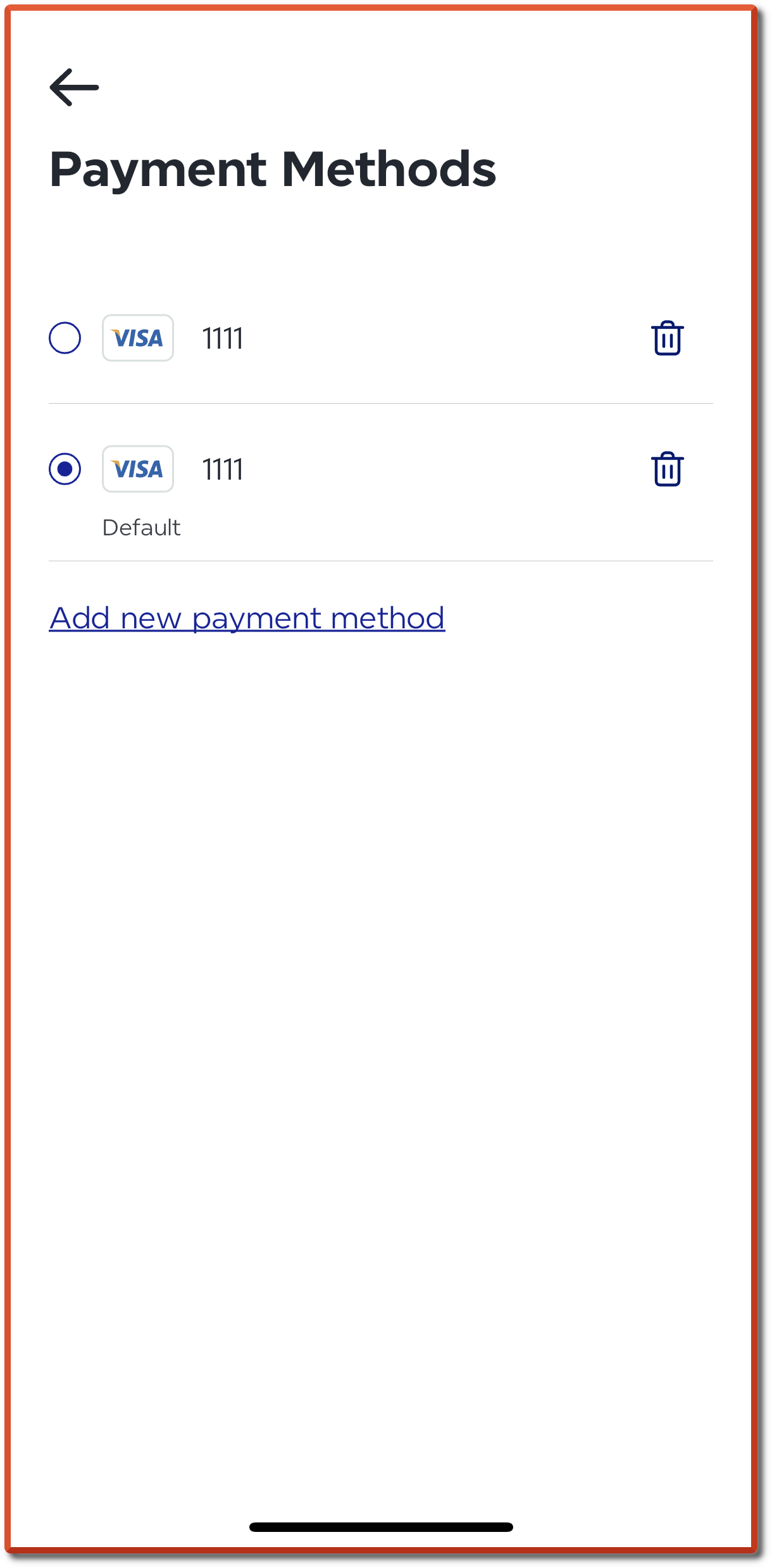 Tide Cleaners Delivery app payment methods screen